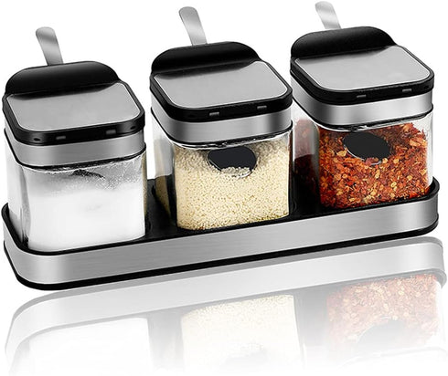 Condiment Jar Spice Container with 304 Stainless Steel Lids and Spoons,Clear Glass