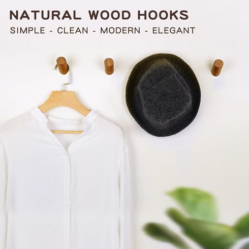 Wood Wall Hooks - 4 Pack Rustic Wooden Heavy Duty Robe Hook Hat Rack for Hanging Bathroom Towels Clothes Hanger (Walnut