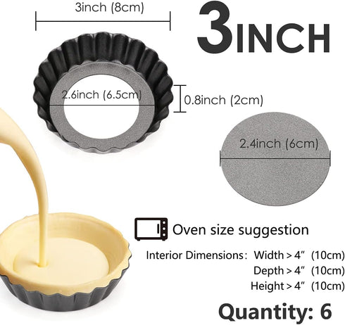 6 pcs Egg Tart Molds, 3" Mini Tart Pans Removable Bottom, Cupcake Cake Muffin Mold Tin Pan Baking Tool, Reusable Quiche Bakeware Carbon Steel for Pies, Quiche Bakeware, Cheese Cakes, Desserts by Cyimi