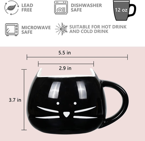 Koolkatkoo Cat Coffee Mugs for Cat Lovers, Ceramic Kitty Tea Mug Gifts for Women, 12 oz, Black