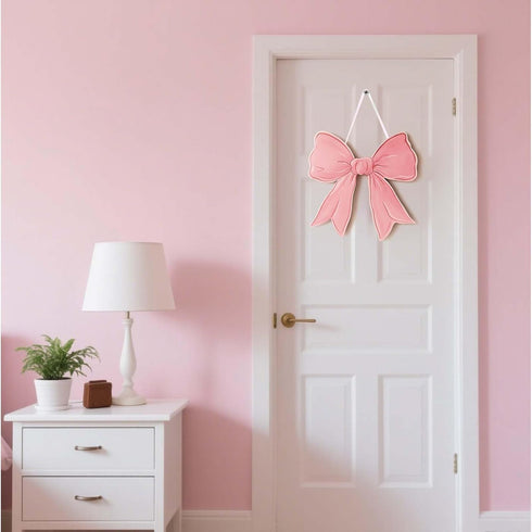 Vozekrod Pink Bow Wooden Wall Sign - Cute Girls Room Decor, Preppy Hanging Plaque for Dorm Nursery Door
