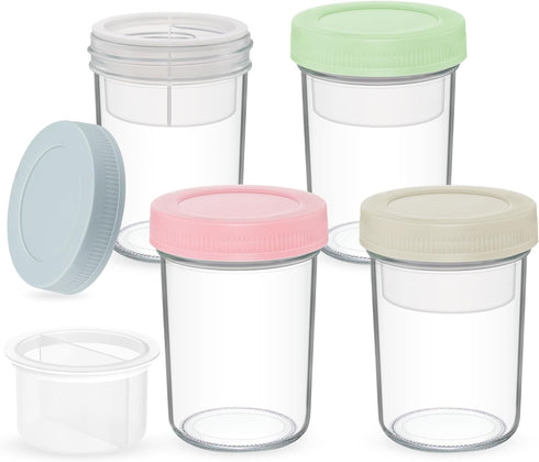 16 oz 4-Pack Xyptorix Overnight Oats Containers with Airtight Lids - Leak-Proof Wide Mouth Mason Jars & Divided Cups