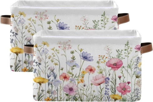 Herbal Wildflowers Storage Basket 1pc, Large Collapsible Toys Clothes Organizer, Durable Canvas Storage Bin with Handle for Shelves Closet Laundry Home Office Decor