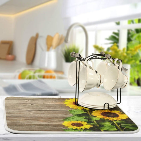 Summer Sunflower Dish Drying Mat, 16x18 Inch Super Absorbent Pad for Kitchen Counter Decor, Baby Bottle Drainer Rack