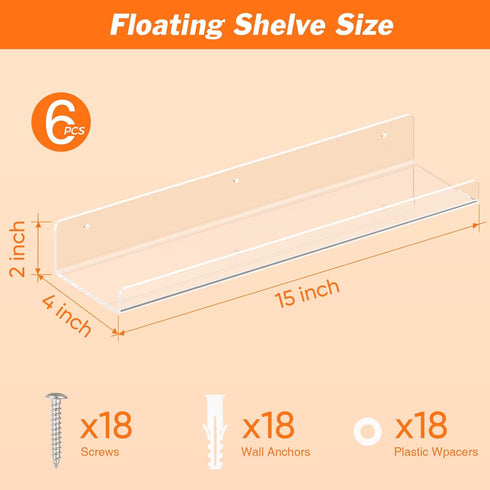 Dooiclear 6 Pack 15" Floating Shelves for Wall, Clear Book Shelf, Acrylic Floating Wall Shelf, Display Shelves