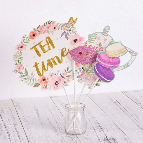 SUNBEAUTY 14 Pcs Tea Party Photo Booth Props, Alice in Wonderland Party Supplies for Garden Party Bridal Shower