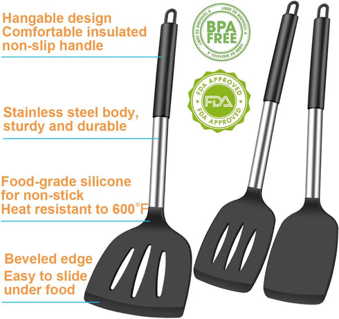 3Pcs Spatula Silicone Spatula Turner Set Fish Spatulas Silicone Heat Resistant Spatulas for Nonstick Cookware Rubber Wok Spatula, Long Large Spatula Silicone Cooking Use Kitchen Utensils Set by KLAQQED