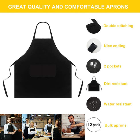 12 Pack (12, Bib Black Apron for Women Men Adult Chef, Kitchen Aprons Bulk with Pockets for Cooking Baking Painting
