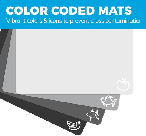 Extra Thick Flexible Cutting Mat Set, 4 Mats with Food Icons & "EZ-Grip" Back for Kitchen Use