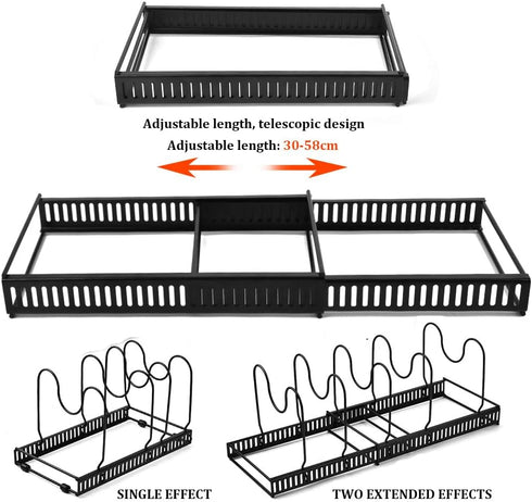 Expandable Pots and Pans Organizer, Adjustable Rack for Kitchen Countertop and Cabinet with 12 Dividers