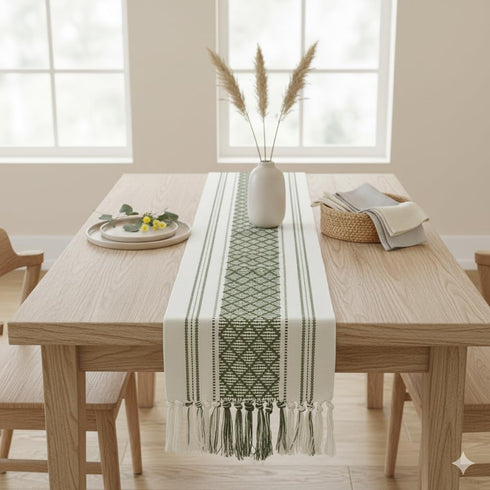 14 90 Inches, Boho Dining Table Runner with Tassels x Olive Green & Cream | Woven Washable Dresser Scarf for Bedroom |