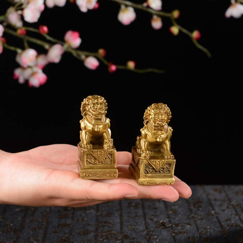 BRABUD 2.8in Fengshui Brass Pair of Fu Foo Dogs Guardian Lion Statues, Housewarming Congratulatory ZD099 Gold