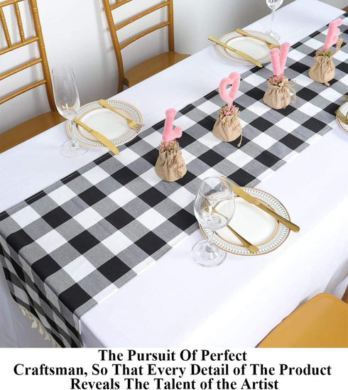 Partisout Buffalo Check Table Runner with Tassel, Washable Cotton Linen Gingham Table Cover, Checked Design