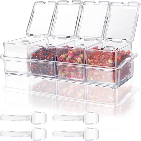 HANHAN Clear Seasoning Boxes, 4 PCS Acrylic Spice Shakers with Spoon, Lid & Tray for Kitchen Storage (Clear)