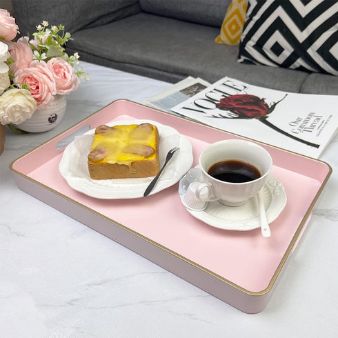 15.7"*10.2" Pink Coffee Table Tray, Decorative Serving Tray with Handles, Plastic Rectangular Tray for Ottoman