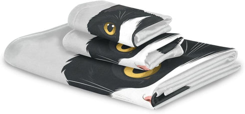 Aslsiy Set 3 Cute Black White Cat Towel Pcs Kitten Kitty Bath Hand Towels Washcloth Soft Thin Durable Towel