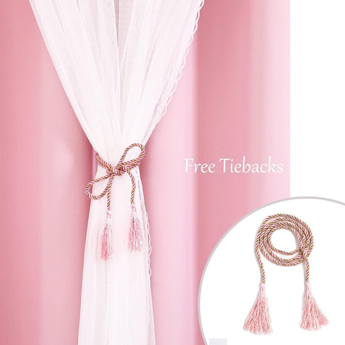 2 52x84 Inches Pink Blackout Curtains with Sheer Overlay, Panels, Thermal Insulated & Soundproof, Lace Trim