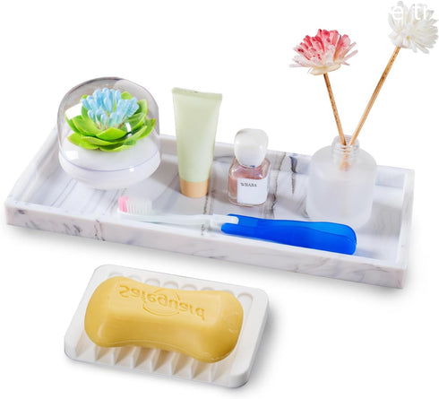 Bloss Silicone Bathroom Tray with Soap Holder - 7.9" Marble Vanity Trays for Bathroom Counter, Soap Dispenser Tray with Sponge Holder, Toilet Tank Tray, Great Storage Tray for Perfume, Jewelry Tray by Bloss