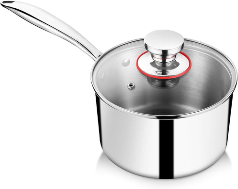 P&P CHEF 2 Quart Saucepan with Lid, Tri-Ply Stainless Steel Pot, Small Induction Cookware for Boiling, Stewing,