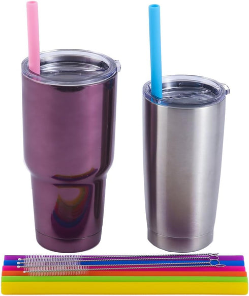 Mcool Silicone Straws 8Pcs - Reusable Extra Long Smoothies Straws for 30&20 oz Tumblers + 4 Brushes + 1 Pouch