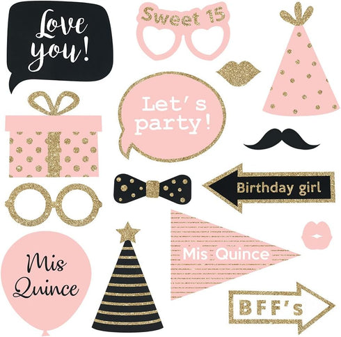 Fully Assembled Sweet 16 Birthday Photo Booth Props, Set of 30, Pink & Gold Selfie Signs, 16th Party Supplies