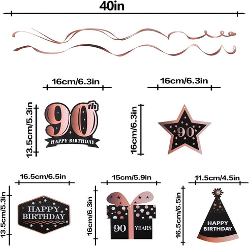 LINGTEER Happy 90th Birthday Decorations, 12 Pcs Black & Rose Gold Foil Swirls Streamer Set for Bday Party Gift