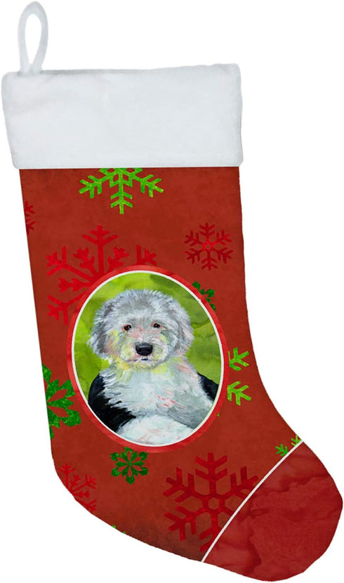 Caroline's Treasures LH9351-CS Old English Sheepdog Red Green Snowflakes Holiday Christmas Stocking - Fireplace Hanging