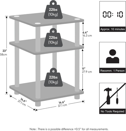 3-Tier Closet, Furinno Turn-N-Tube Night Stand, Nightstand with Open Shelf, Bedside Table, End Table, Side Table