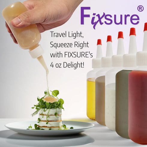 4 Oz (1) FIXSURE Plastic Squeeze Bottles with Red Tip Cap, Squirt Bottle For Ketchup, BBQ, Sauces, Syrup, Condiments