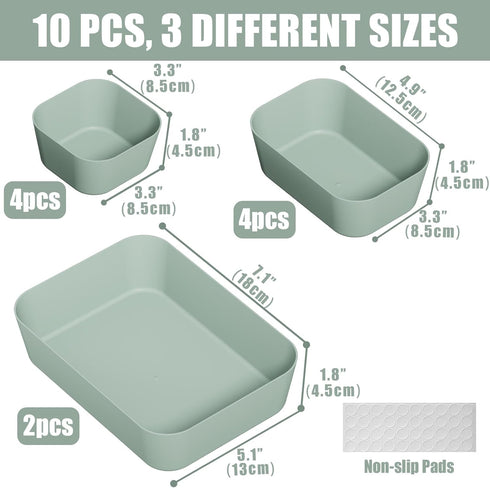 Plastic Drawer Organizers, 10 PCS Bathroom and Vanity Organizer Bins, Green Makeup Storage for Bedroom, Kitchen, Office