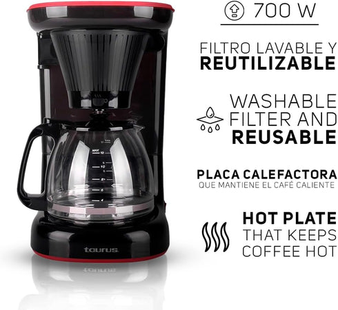 Taurus Velvet COFFEMAKER, 38.4 oz Glass Jar, Modern Design Coffee Machine, 700 Watts Power