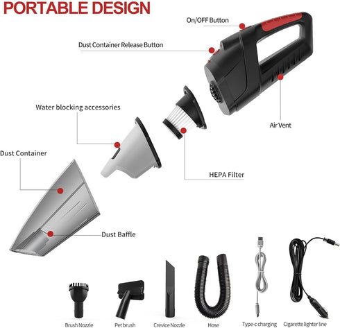 Handheld Vacuum Cleaner, Wet/Dry Cordless, 6.5KPA, Rechargeable Portable Hand Vacuum for Home & Car