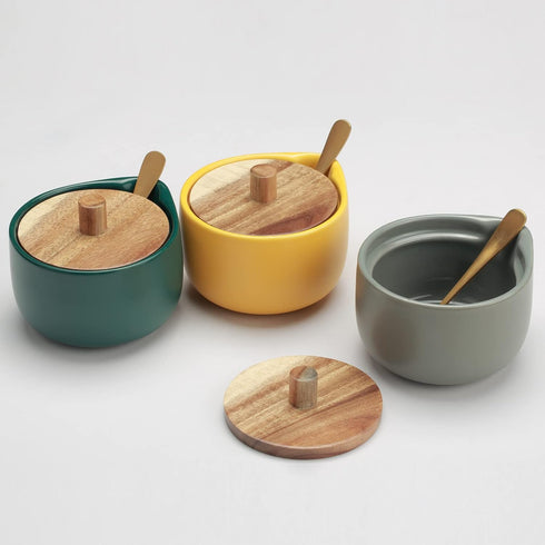 everous Salt Box base grey color Salt Cellar Elegant Design salt Boxes Big Capacity Wood lid grey Ceramic Base