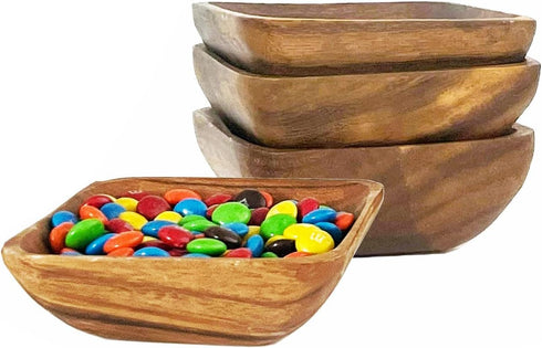 Woodard & Charles Acacia Wood 4" Individual Square Serving Bowl Set of 4 for Appetizers, Nuts, and More