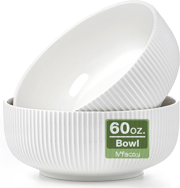 Mfacoy 2 Pack 8 inch Salad Bowl Set, 60 oz Large White Ceramic Bowls for Soup, Cereal, Ramen, Salad