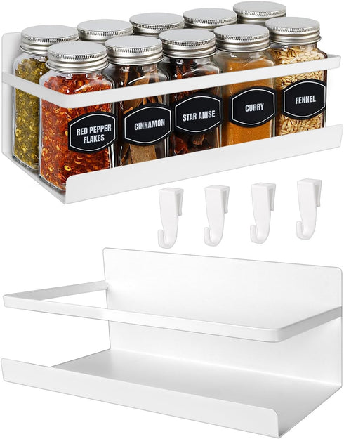 Magnetic Spice Rack for Refrigerator, 2 Pack Fridge Organizer for Spice Jars, Magnet Shelves with 4 Hooks
