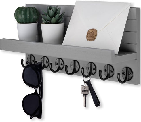 Key Holder Wall Mount - Entryway Key and Mail Holder with 7 Sturdy Hooks - Decorative Wall Shelf with Mounting Hardware