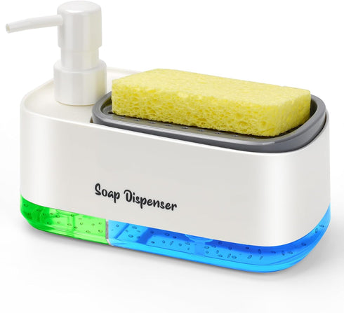 Hand and Dish Soap Dispenser Set, Dual Soap Pump with Sponge Holder for Kitchen Sink, 3-in-1 Gadgets - White