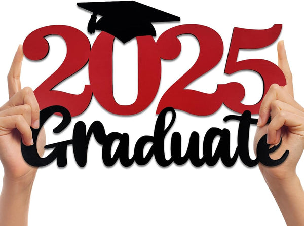 2025 Graduation Party Decorations, Wooden Sign Red Class of 2025 Photo Booth Props, 15.75x9.84 inches