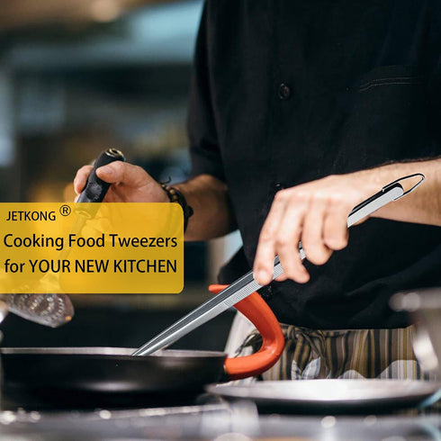 JETKONG 12-Inch Extra-Long Kitchen Tweezers, Fine Tweezer Tongs in Stainless Steel for Cooking