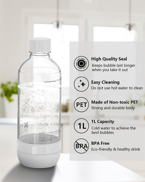 1 2 Pack, (1L) (1L) Soda Maker Bottles, Litre Reusable BPA Free Sparkling Water Bottles, Reusable Carbonating Bottles
