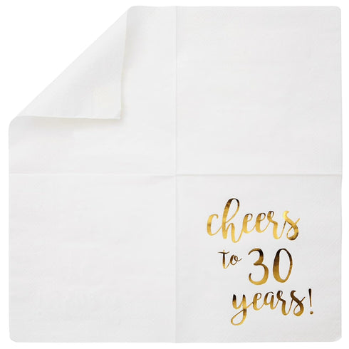 Juvale Cheers to 30 Years Cocktail Napkins, 5 x 5 In, 3-Ply White & Gold Foil, 50 Pack