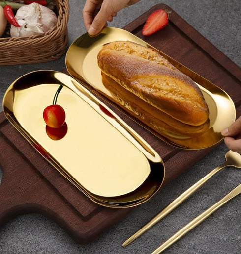 Gold Tray 2 Pack, Stainless Steel Decorative Tray for Bathroom, Jewelry, Vanity Storage, 9 Inch-Oval