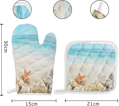 Sandy Beach Set of Oven Mitt and Pot Holder, Starfish Seashell Theme Oven Gloves for Kitchen BBQ Cooking