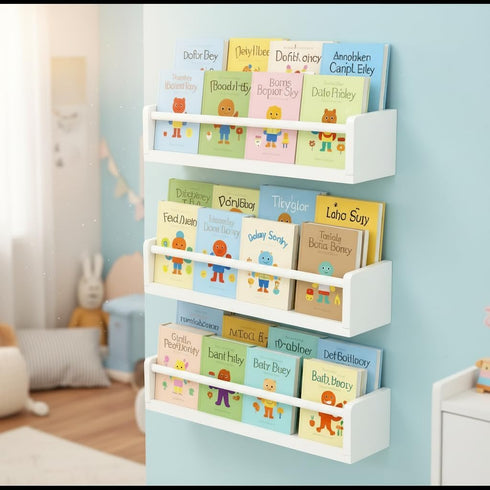 Set 3 16 Inch White Nursery Floating Shelves of Wall Mounted Kids Bookshelf & Toy Organizer Rustic Pine Hanging Display