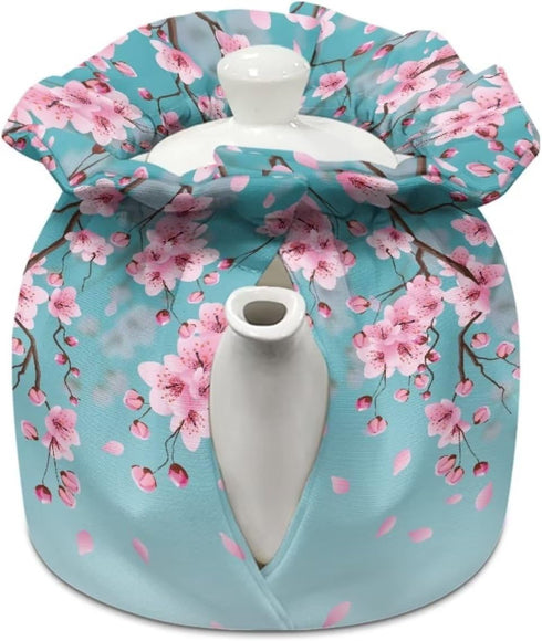 Cherry Blossom Print Tea Cozies for Teapot, Portable Kettle Cover Tea Kettle Quilt Tea Cosy Cotton Kettle Tea Pot Cover Dust Proof Insulated Keep Warm, Blue
