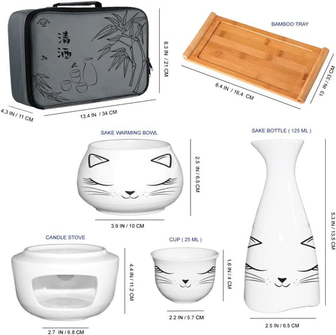 Roksol Chef 10pcs Set 1 1 1 1 6 Ceramic Sake Cups with Warmer Pot Bamboo Tray, Traditional Porcelain Pottery Hot Saki