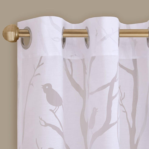 Madison Park Semi Sheer Single Curtain - Modern Botanical Print, Grommet Top, 50x95", Bird White
