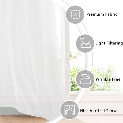 Hiasan Sheer Curtains for Bedroom, Light Filtering Voile Drapes with Tiebacks, Grommet Window Curtains, Off White, 2