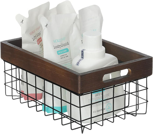 Set of 3 Metal Wire Baskets, Organizing Wood Top with Handles, Storage Organizer for Kitchen Cabinets, Pantry, Laundry